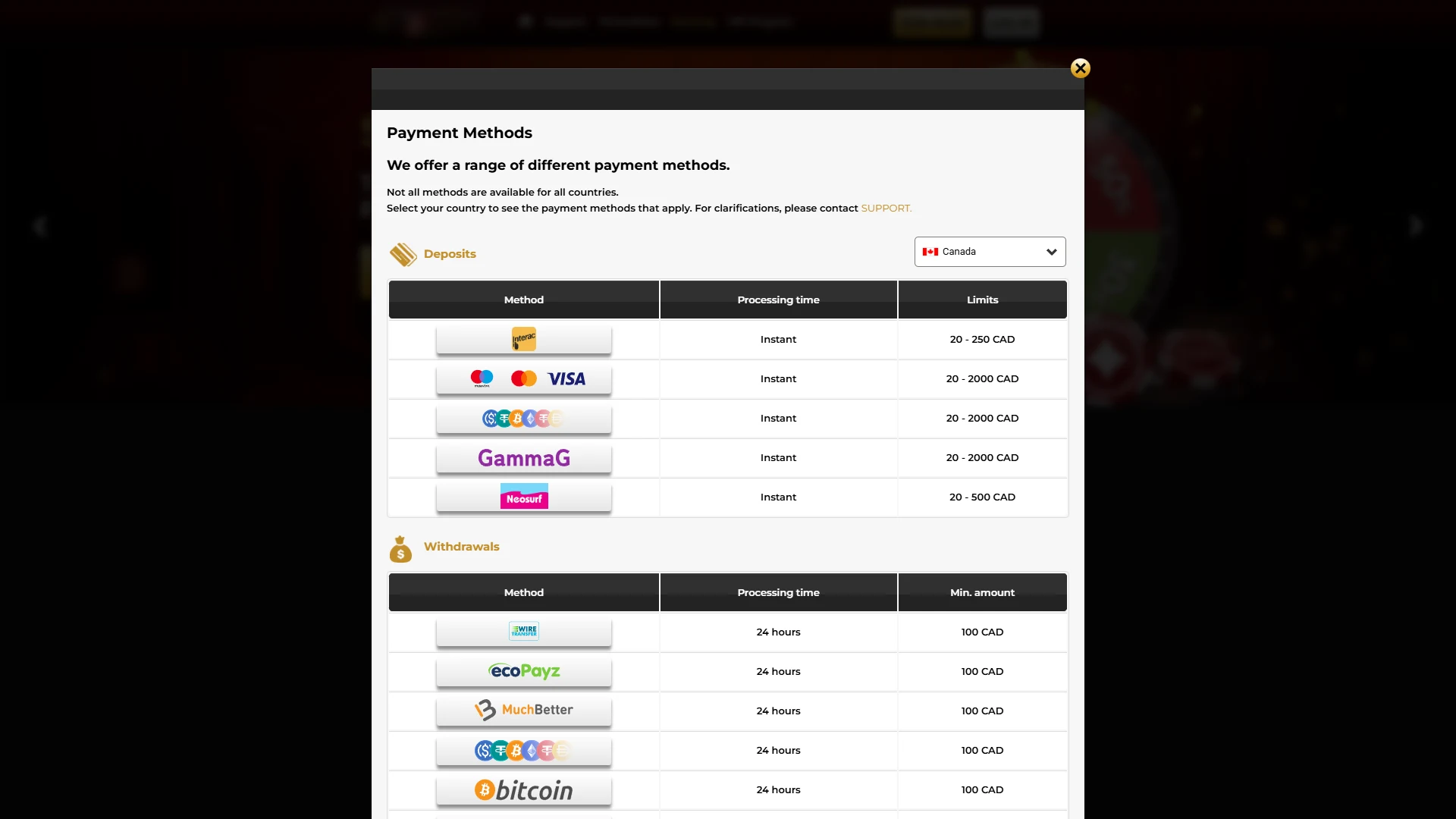 Unique Casino payment methods